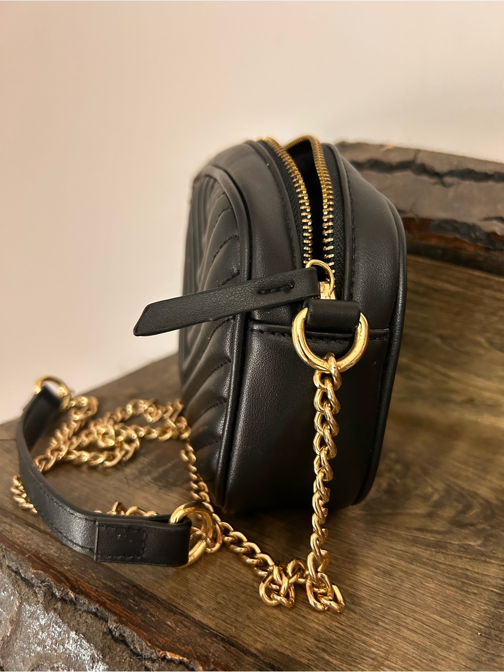 BCBGMaxAzria Black Quilted Chevron Crossbody with Gold Chain